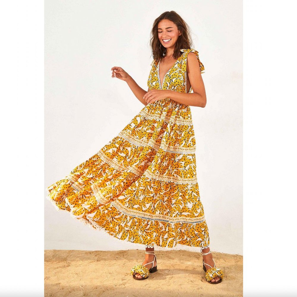 FARM Rio Yellow Floral Tiered Maxi Dress